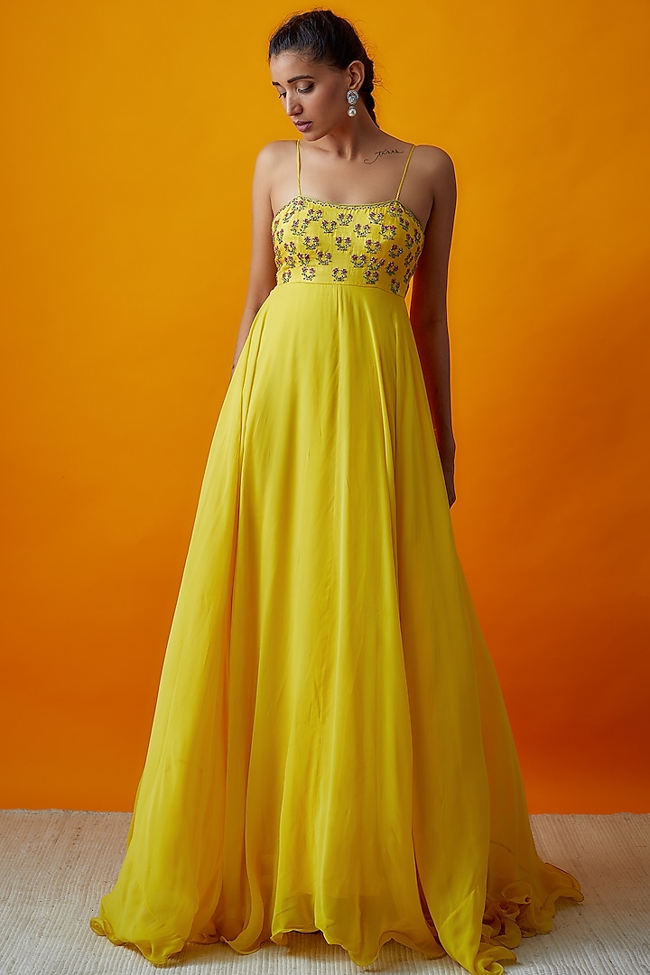 Yellow Georgette Embroidered Dress by Keerthi Kadire at Pernia's Pop Up Shop