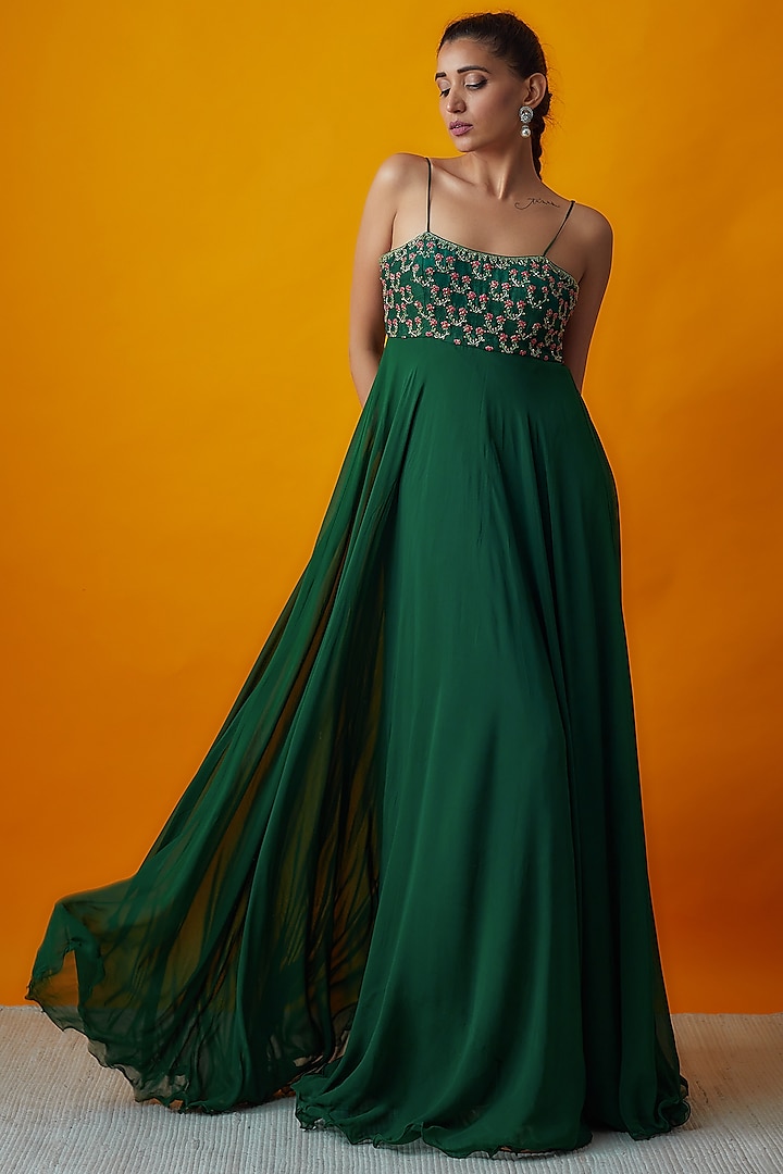 Bottle Green Georgette Embroidered Dress by Keerthi Kadire