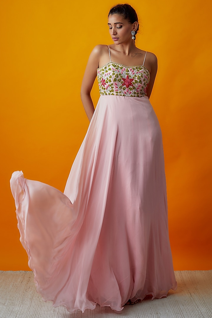 Blush Pink Georgette Embroidered Dress by Keerthi Kadire at Pernia's Pop Up Shop