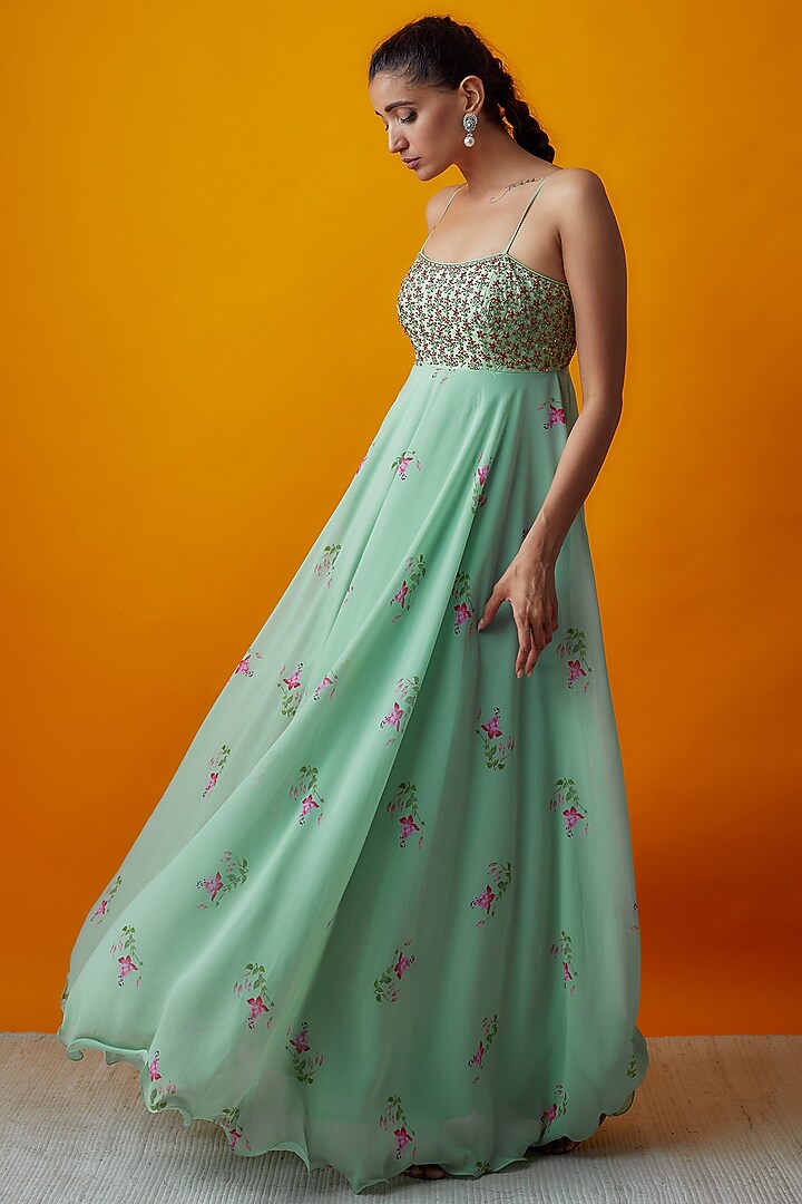 Mint Georgette Printed & Embroidered Dress by Keerthi Kadire at Pernia's  Pop Up Shop 2026