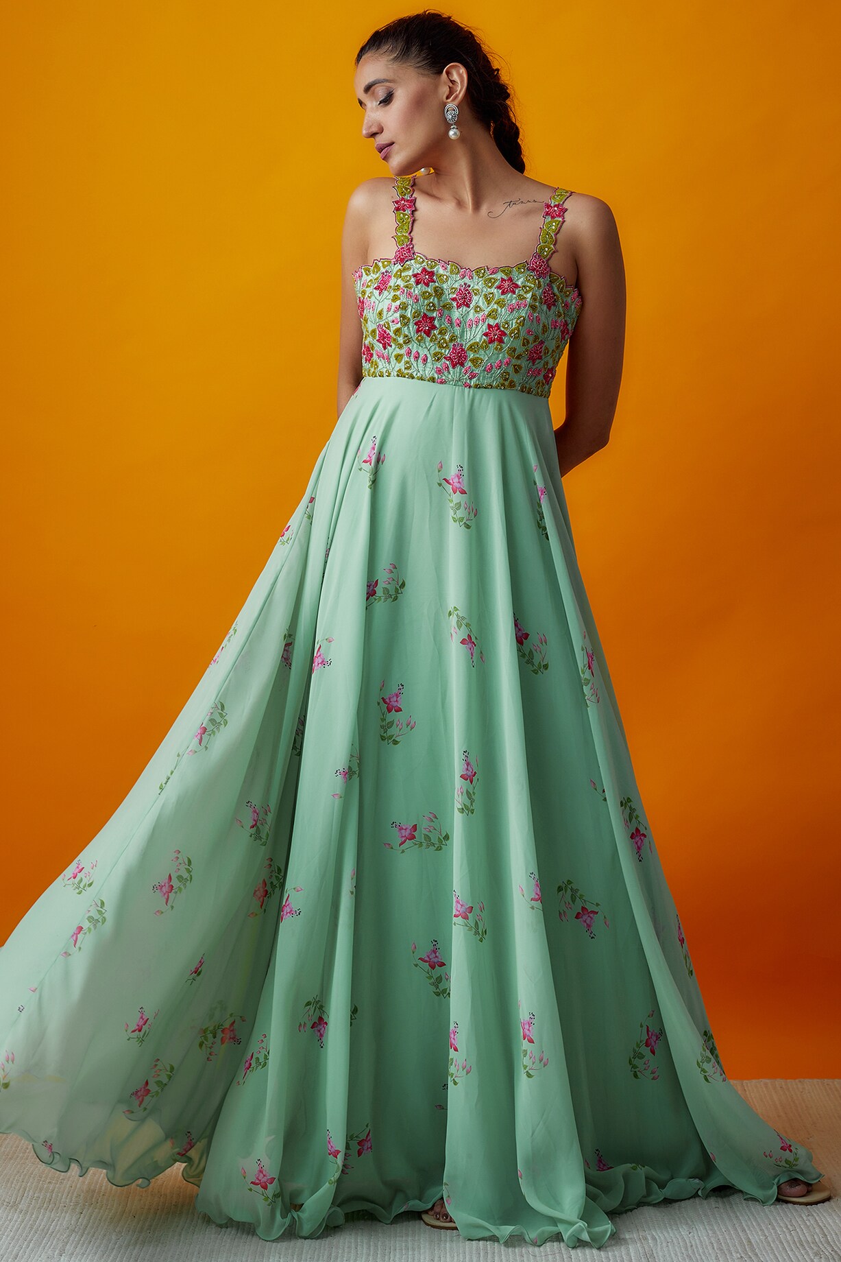 Mint Green Printed Georgette V-Neck Kaftan Dress