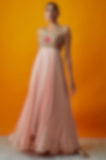 Peach Georgette Embroidered Vacation Dress by Keerthi Kadire at Pernia's Pop Up Shop