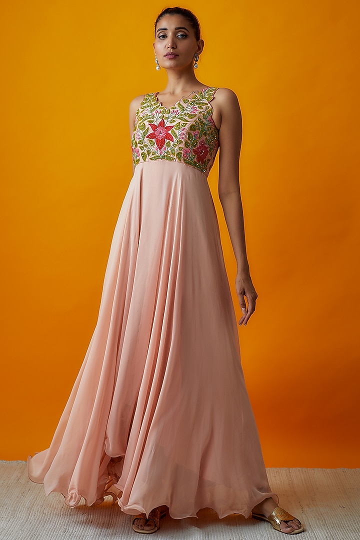 Peach Georgette Embroidered Vacation Dress by Keerthi Kadire at Pernia's Pop Up Shop