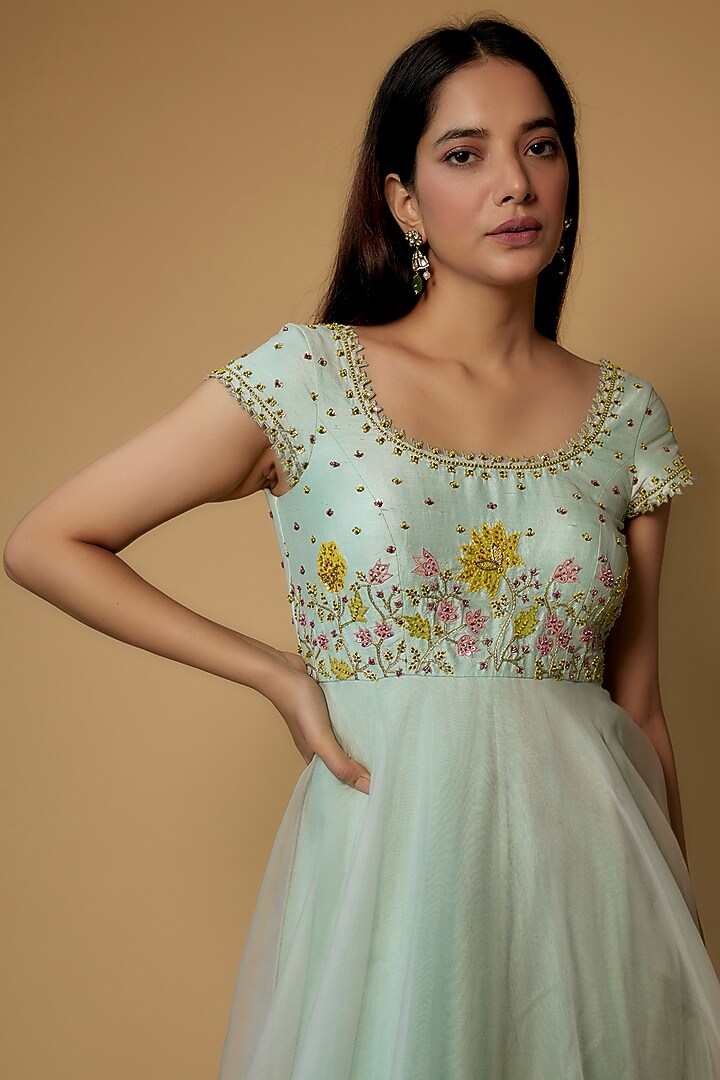 mint green embroidered dress Modest Muslim Women's Vine Embroidered Tulle Formal Dress with Rhinest