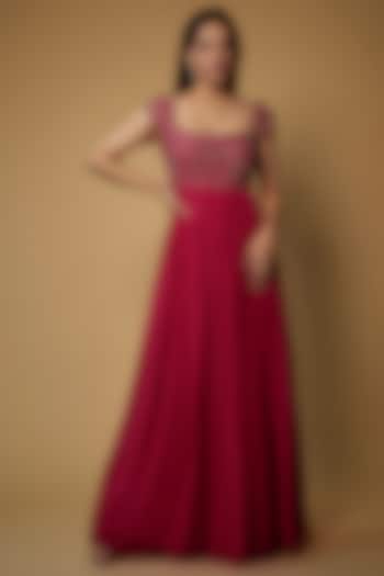 Reddish Pink Georgette Embroidered Vacation Dress by Keerthi Kadire at Pernia's Pop Up Shop