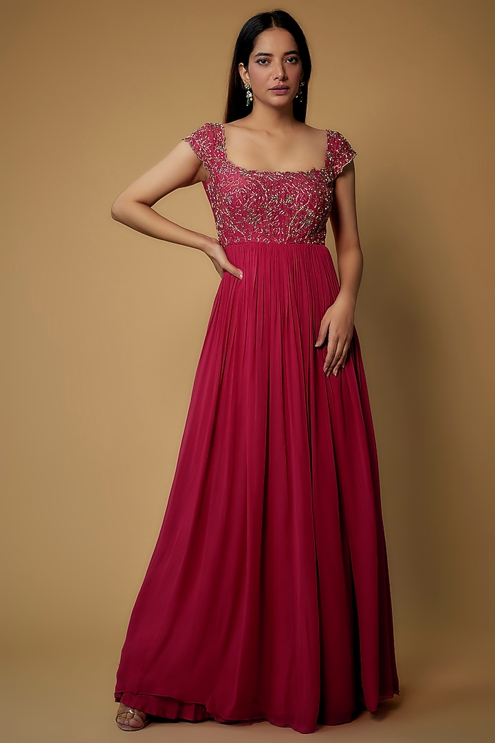 Reddish Pink Georgette Embroidered Vacation Dress by Keerthi Kadire at Pernia's Pop Up Shop