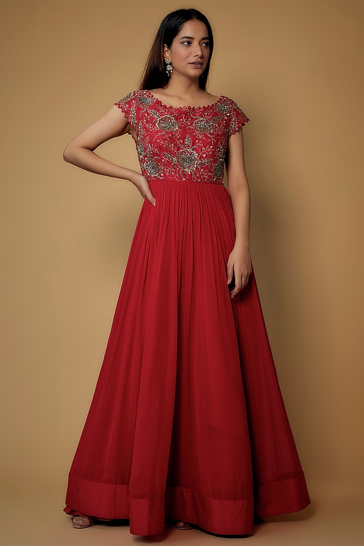 Red Georgette Embroidered Dress by Keerthi Kadire
