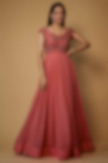 Dark Peach Georgette Embroidered Vacation Dress by Keerthi Kadire at Pernia's Pop Up Shop