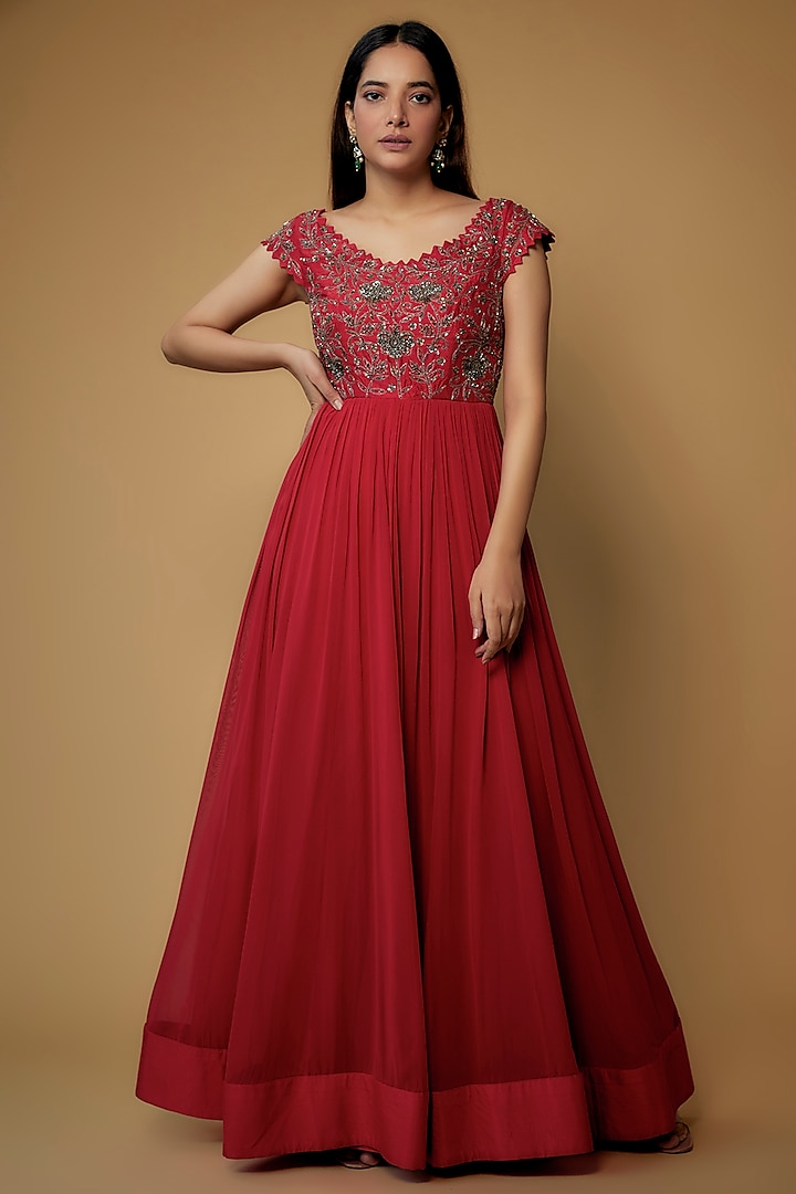 Red Georgette Embroidered Dress by Keerthi Kadire at Pernia's Pop Up Shop