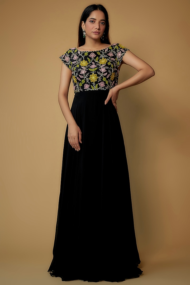 Black Georgette Embroidered Vacation Dress by Keerthi Kadire at Pernia's Pop Up Shop