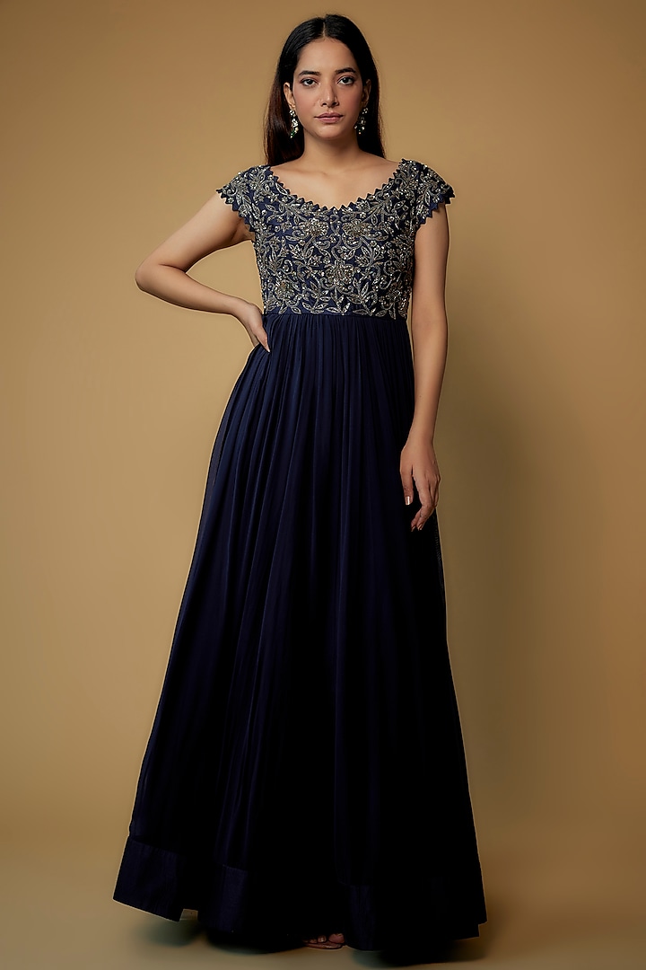 Navy Blue Georgette Embroidered Dress by Keerthi Kadire