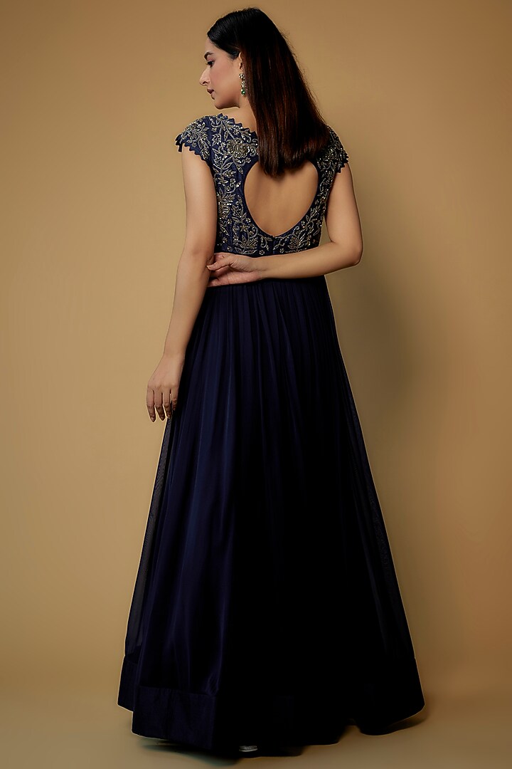 Navy Blue Georgette Embroidered Vacation Dress by Keerthi Kadire at Pernia's Pop Up Shop