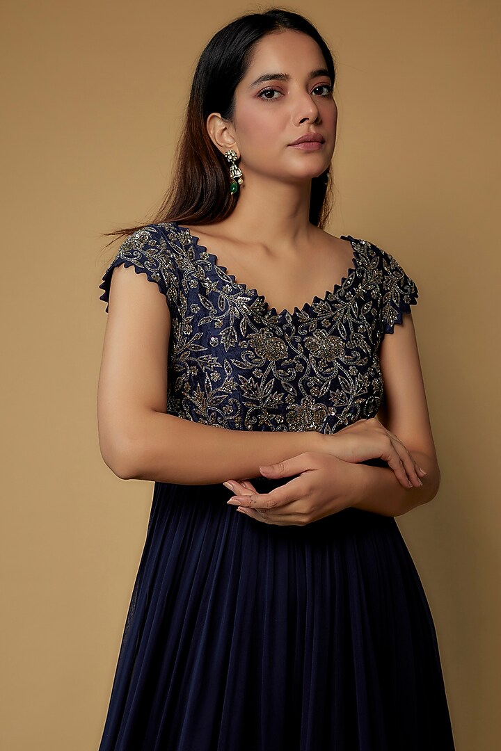 Navy Blue Georgette Embroidered Vacation Dress by Keerthi Kadire at Pernia's Pop Up Shop