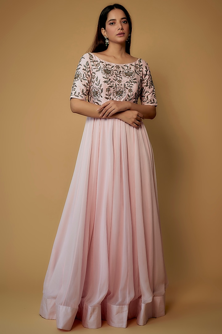Baby Pink Georgette Embroidered Dress by Keerthi Kadire