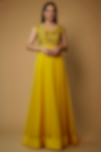 Yellow Georgette Embroidered Dress by Keerthi Kadire