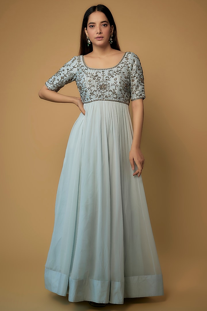 Ice-Blue Georgette Embroidered Dress by Keerthi Kadire