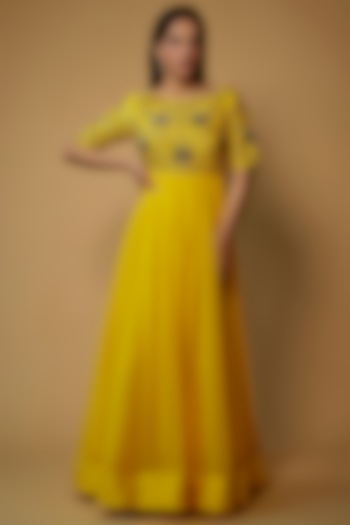 Yellow Georgette Embroidered Dress by Keerthi Kadire