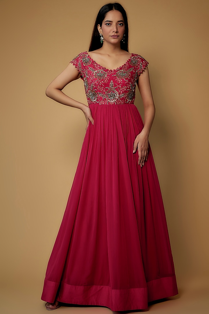 Reddish Pink Georgette Embroidered Dress by Keerthi Kadire