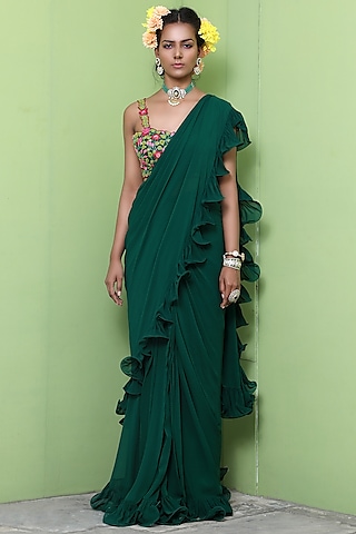 Bottle Green Raw Silk Saree Set by Keerthi Kadire