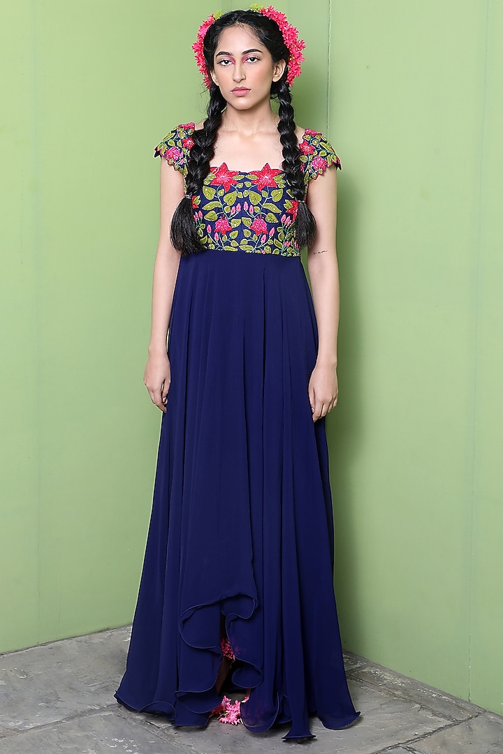 Navy Blue Dola Silk Dress by Keerthi Kadire