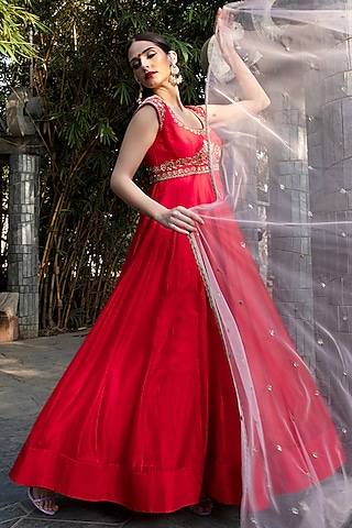 Red Embroidered Anarkali Set by Keerthi Kadire