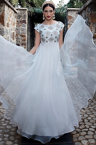 Ice Blue Embroidered Gown by Keerthi Kadire