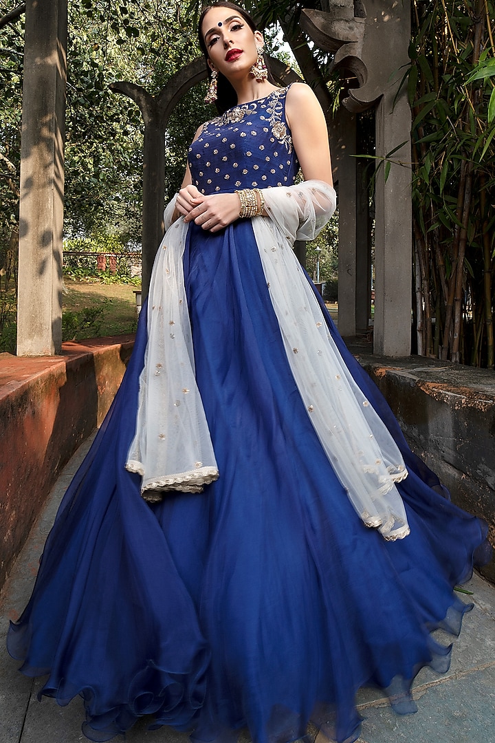 Navy Blue Embroidered Gown by Keerthi Kadire