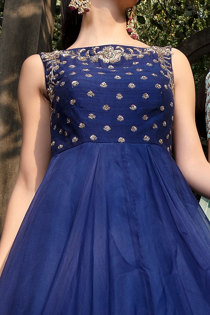 Navy Blue Embroidered Engagement Gown by Keerthi Kadire at Pernia's Pop Up Shop