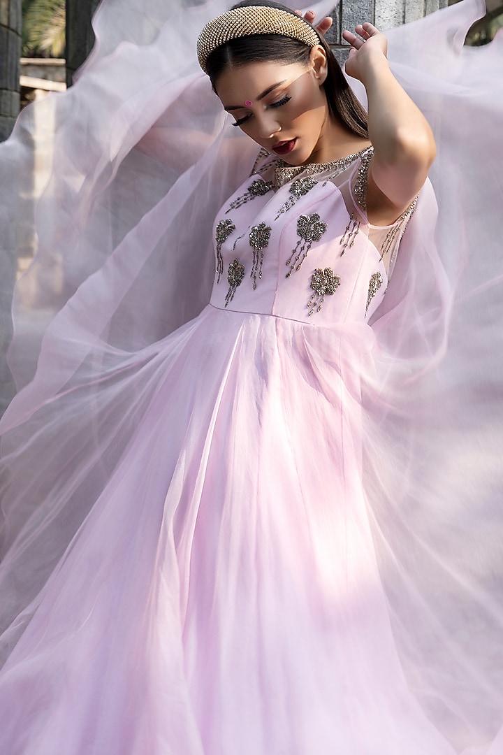 Baby Pink Embroidered Engagement Gown by Keerthi Kadire at Pernia's Pop Up Shop
