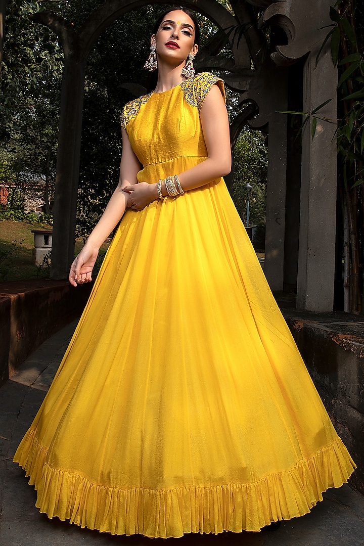 Yellow Embroidered Frill Gown by Keerthi Kadire