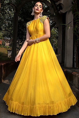 Yellow Embroidered Frill Gown by Keerthi Kadire