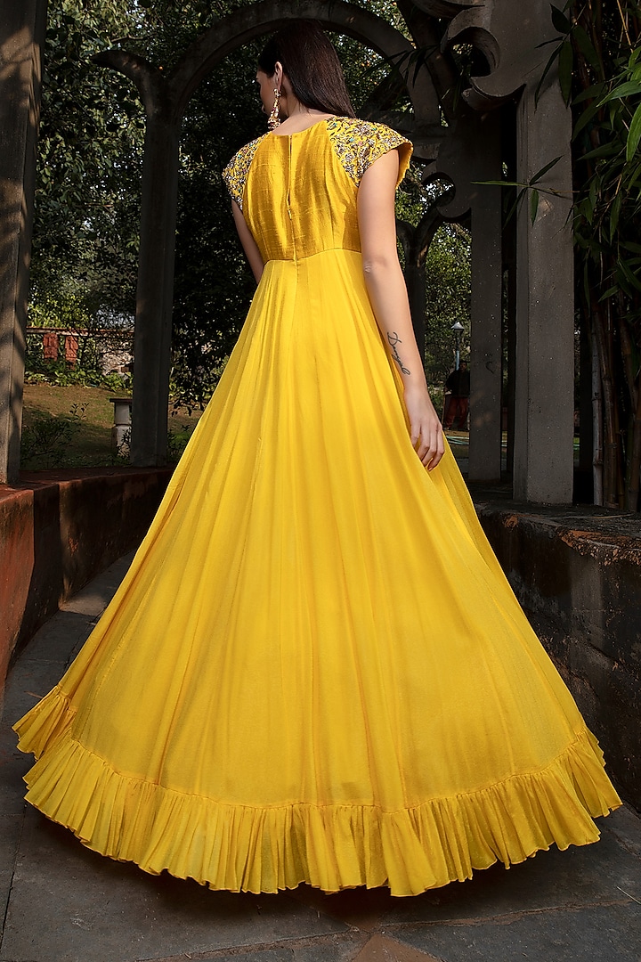 Yellow Embroidered Frill Gown by Keerthi Kadire at Pernia's Pop Up