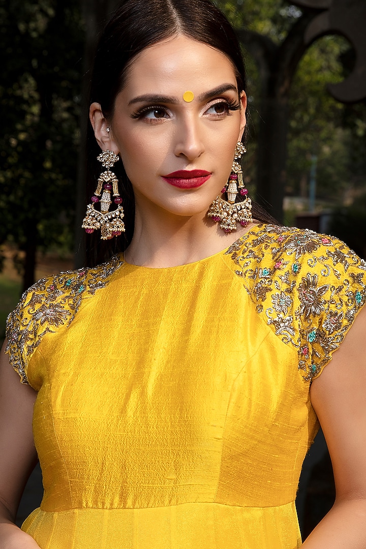Yellow Embroidered Frill Party Wear Gown by Keerthi Kadire at Pernia's Pop Up Shop
