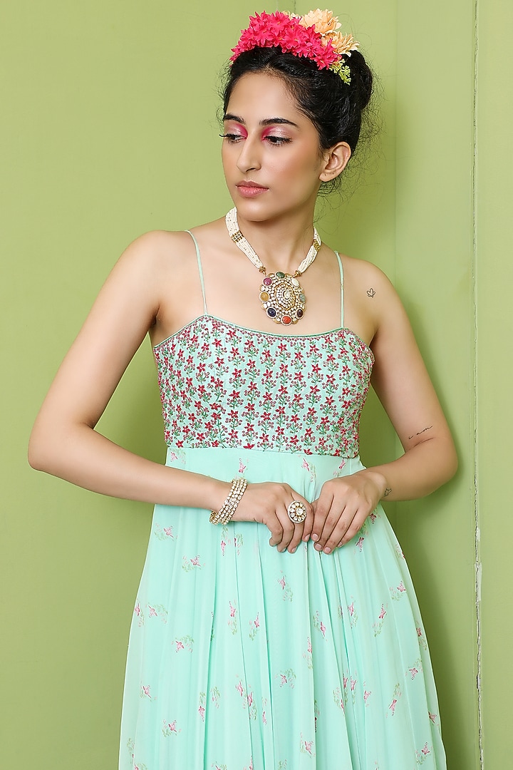Mint Floral Printed Cocktail Dress by Keerthi Kadire at Pernia's Pop Up Shop