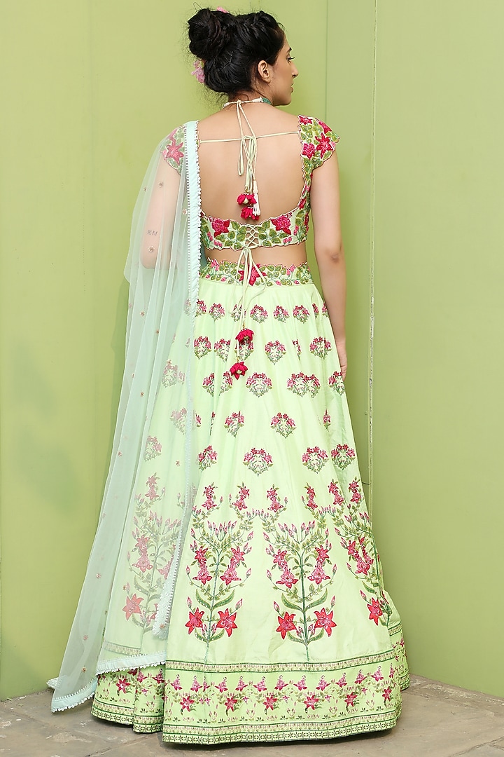 Pista Green Printed Asymmetrical Bridal Lehenga Set by Keerthi Kadire at Pernia's Pop Up Shop