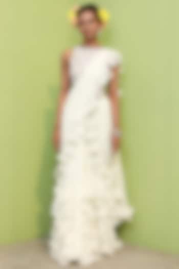 Half White Printed Flared Saree Set by Keerthi Kadire