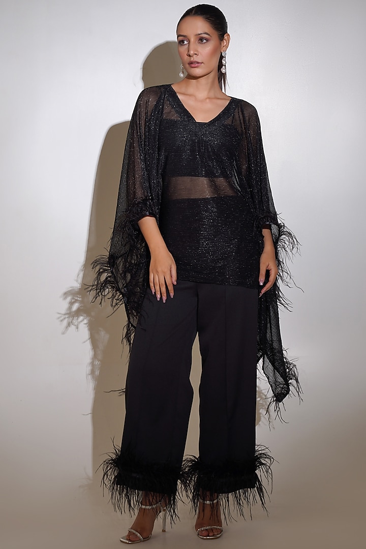 Black Pleated Lycra Shimmer Fabric Kaftan Set by KEOO