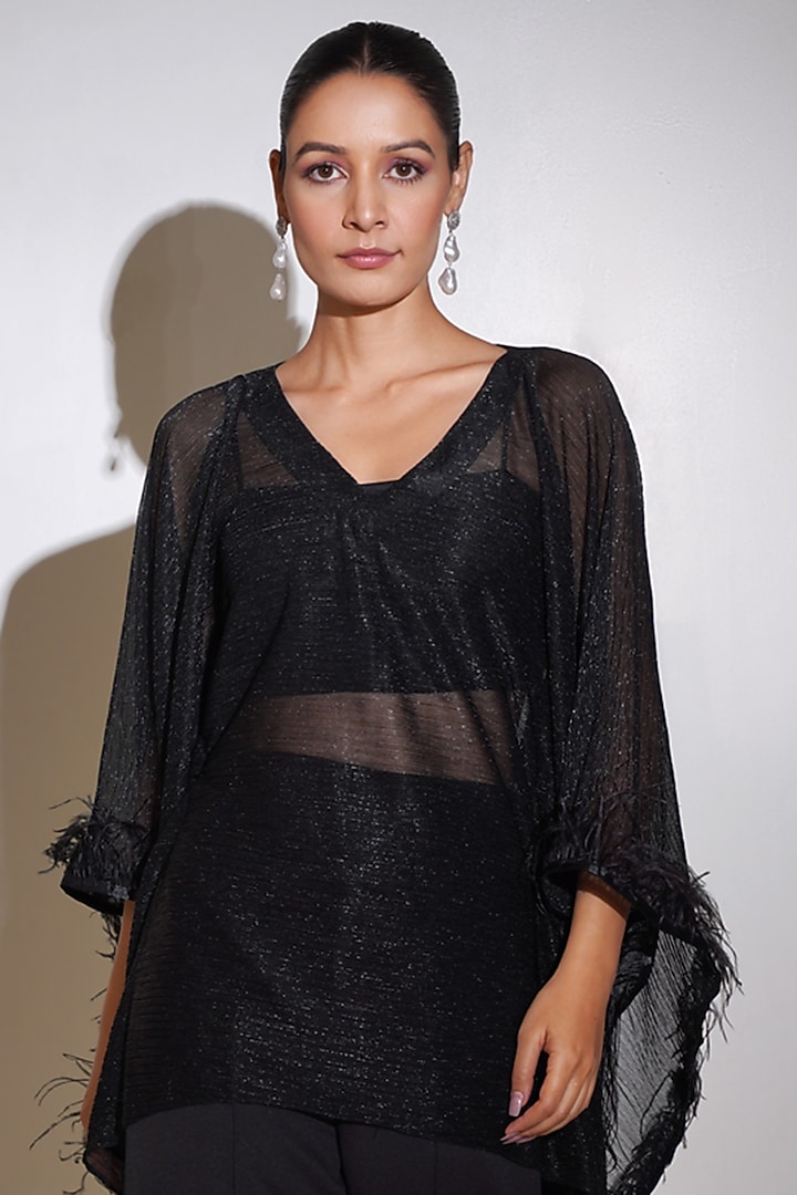 Black Pleated Lycra Shimmer Fabric Kaftan Set by KEOO at Pernia's Pop Up Shop