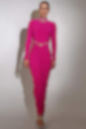 Pink Hosiery Lycra Crystal Embellished Bodycon Dress by KEOO