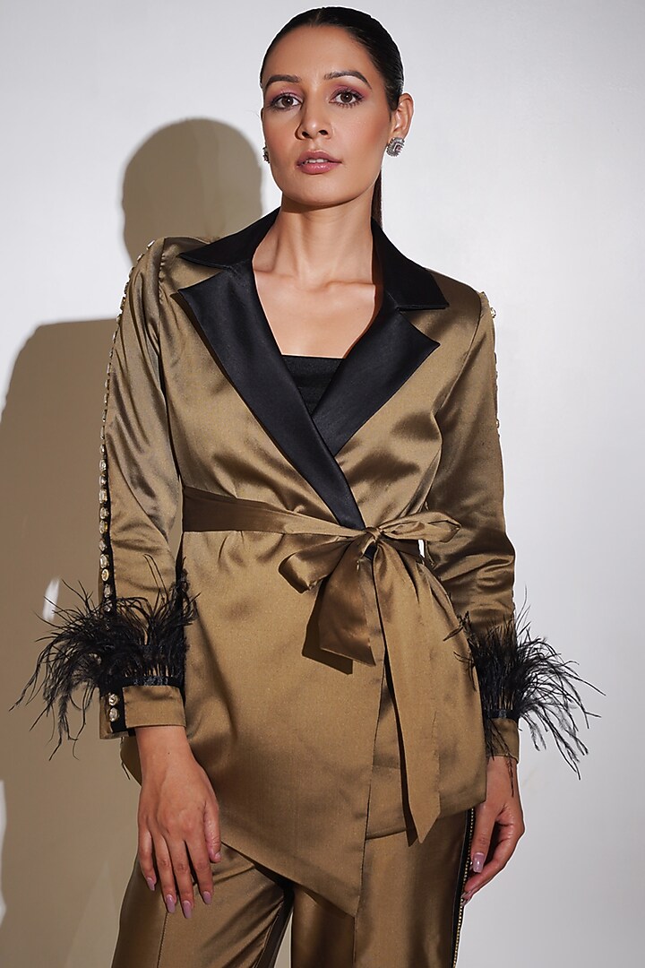 Gold Taffeta Rhinestone Asymmetric Co-Ord Set by KEOO at Pernia's Pop Up Shop