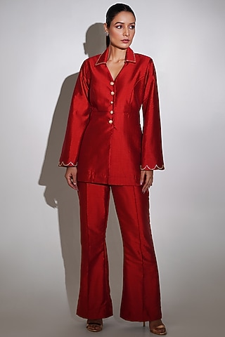 Rusty Red Dupion Silk Rhinestone Embellished Co-Ord Set by KEOO