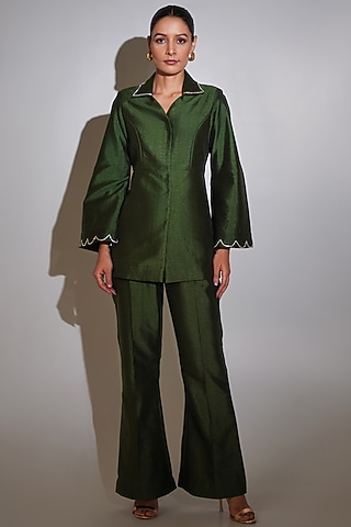 Olive Green Dupion Silk Rhinestone Embellished Co-Ord Set by KEOO