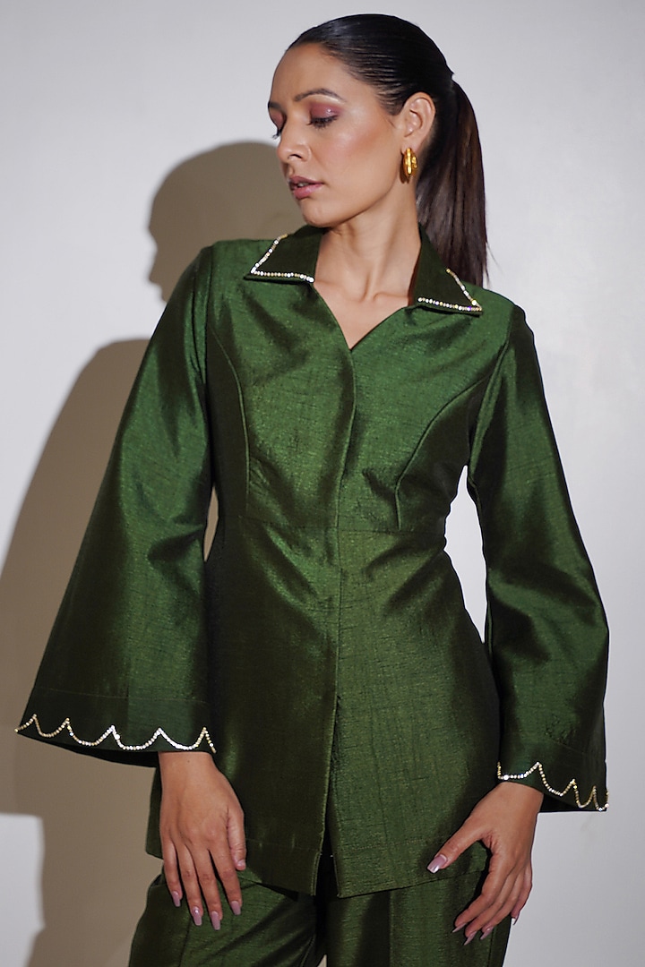 Olive Green Dupion Silk Rhinestone Embellished Co-Ord Set by KEOO at Pernia's Pop Up Shop