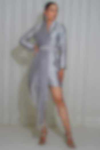 Silver Dupion Silk & Glass Organza Draped Blazer Dress by KEOO