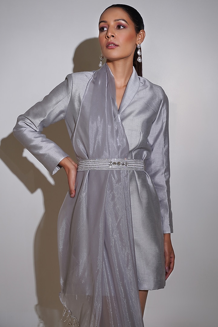 Silver Dupion Silk & Glass Organza Draped Blazer Summer Dress by KEOO at Pernia's Pop Up Shop