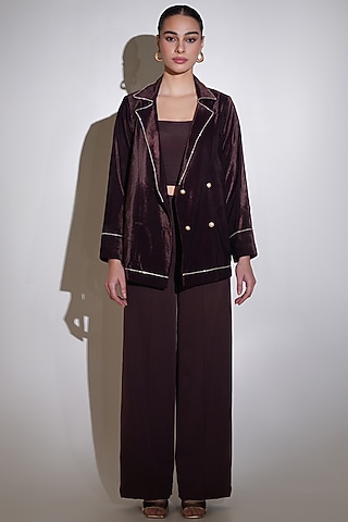 Brown Velvet Rhinestone Embellished Co-Ord Set by KEOO