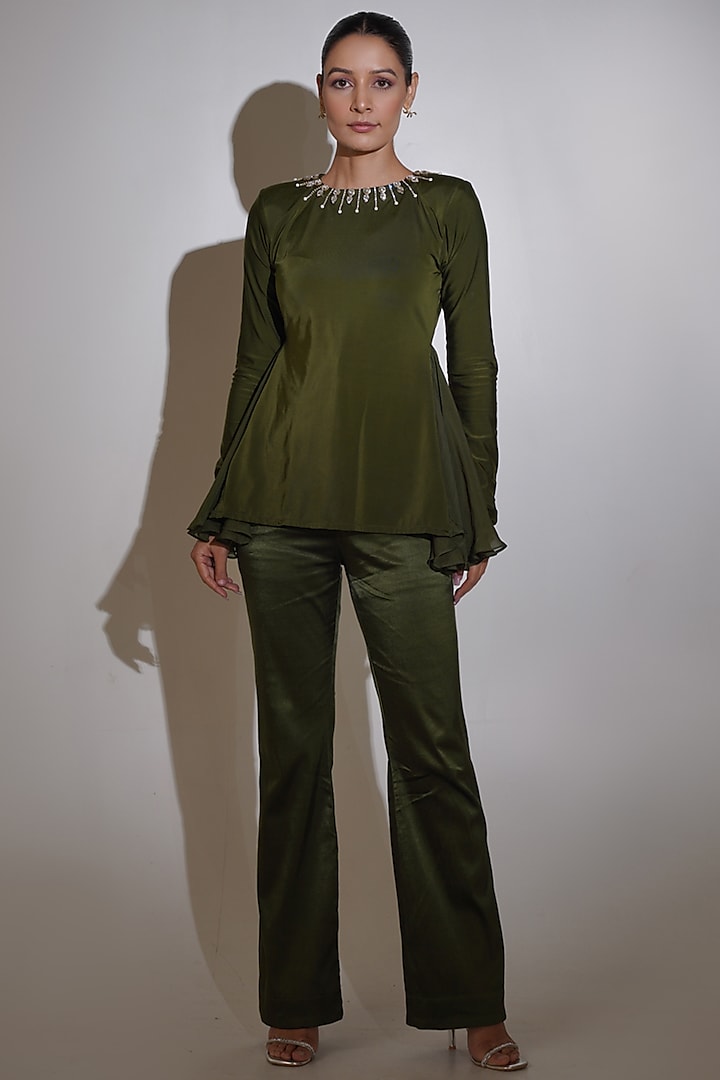 Olive Green Lycra & Cotton Satin Rhinestone Embellished Co-Ord Set by KEOO