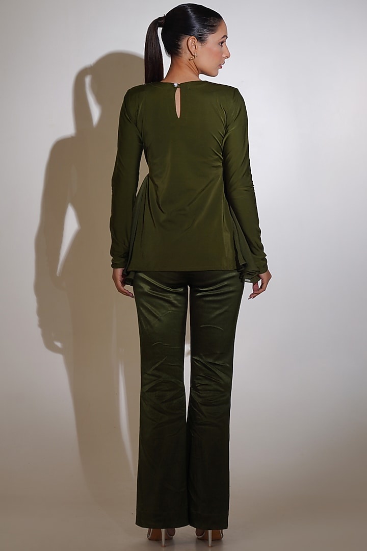 Olive Green Lycra & Cotton Satin Rhinestone Embellished Co-Ord Set by KEOO at Pernia's Pop Up Shop