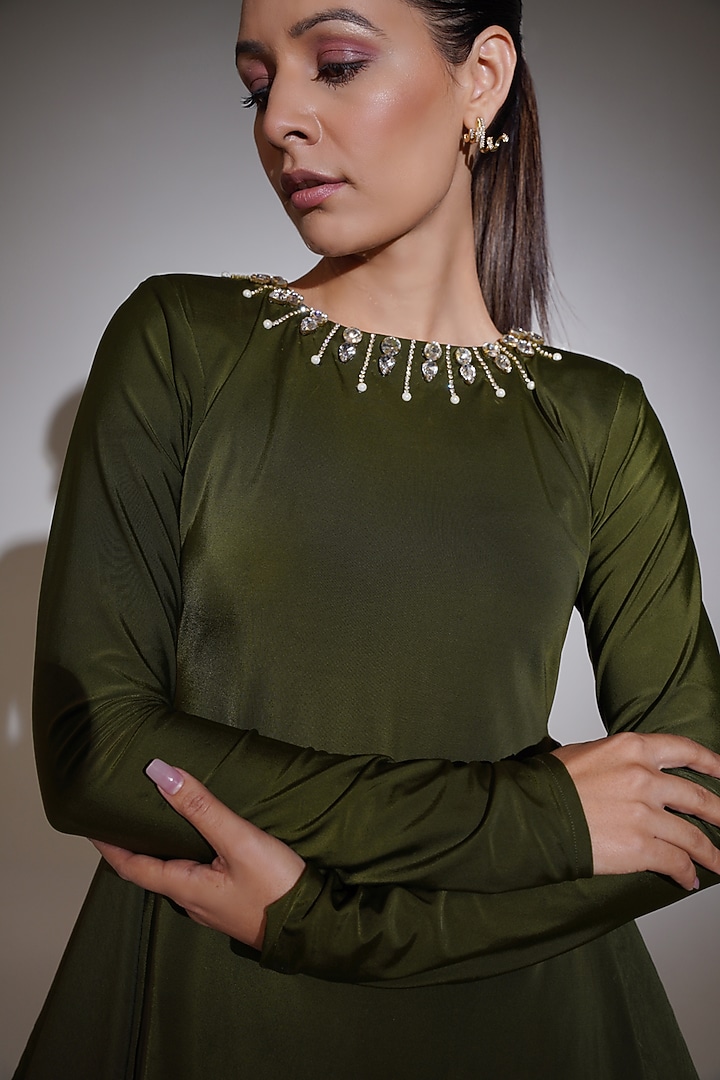 Olive Green Lycra & Cotton Satin Rhinestone Embellished Co-Ord Set by KEOO at Pernia's Pop Up Shop