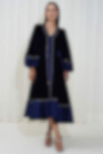 Navy Blue Velvet & Taffeta Flared Dress by KEOO
